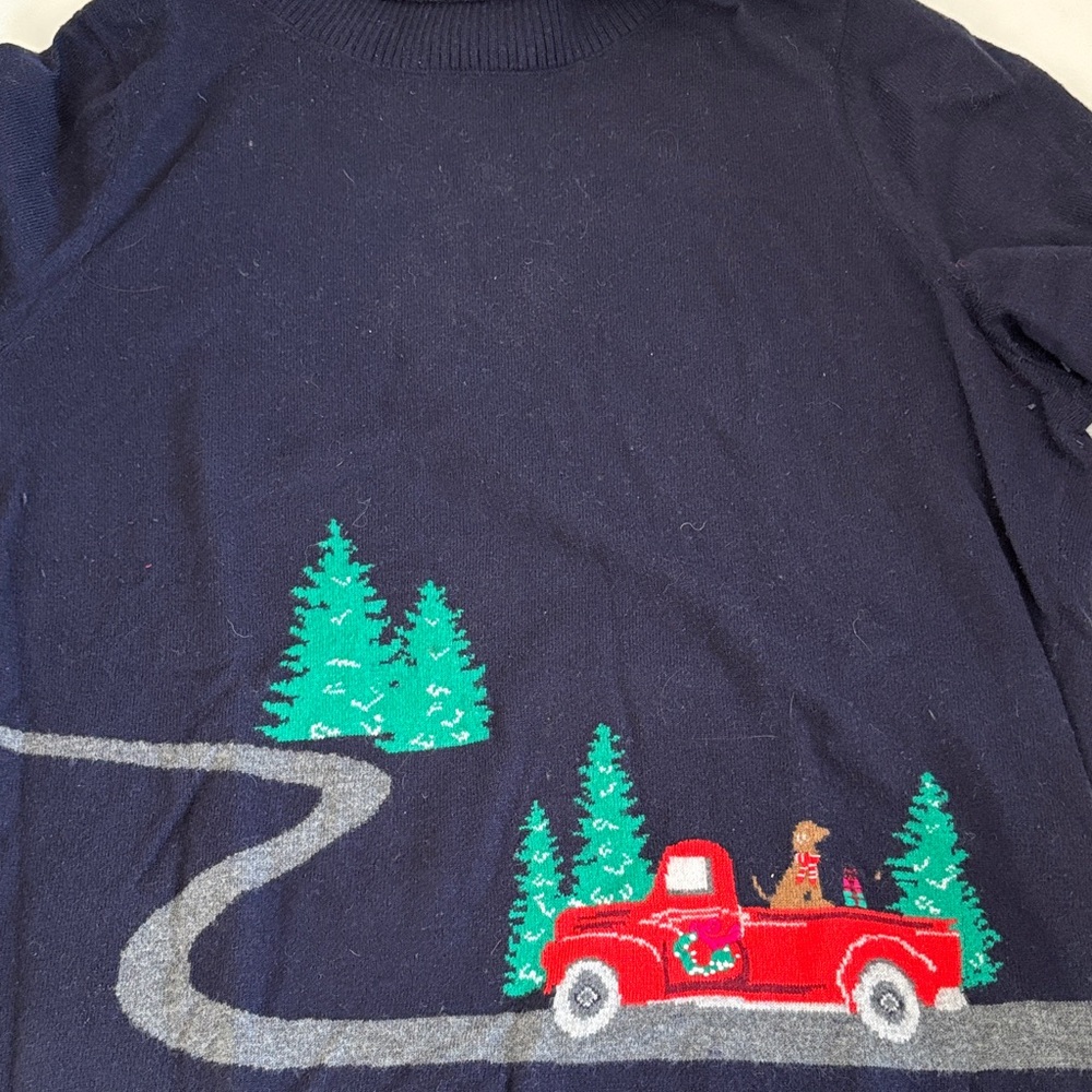 Talbots Navy Sweater with Festive Red Truck and Green Trees